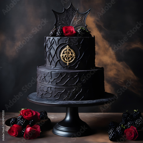 Exquisita tarta gótica recién hecha. Tarta de repostería para Halloween con adornos intrincados. Tarta negra y roja. creada con herramientas generativas de IA.