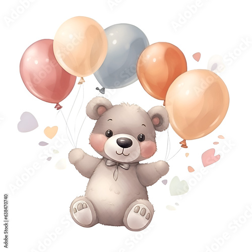 Cute teddy bear with balloons. Vector illustration on white background.