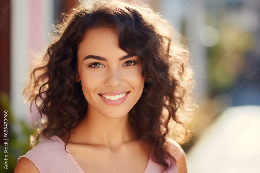 Cute Young Diverse Woman Model in her 20s. Close up portrait of her smiling outdoors. - Beauty and Fashion Business focused.