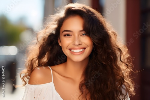 Cute Young Diverse Woman Model in her 20s. Close up portrait of her smiling outdoors. - Beauty and Fashion Business focused.