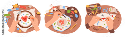 Сraft handmade hobbies. Beading, embroidery, painting of clay products. Human hands doing various craft activities. Flat vector illustration.