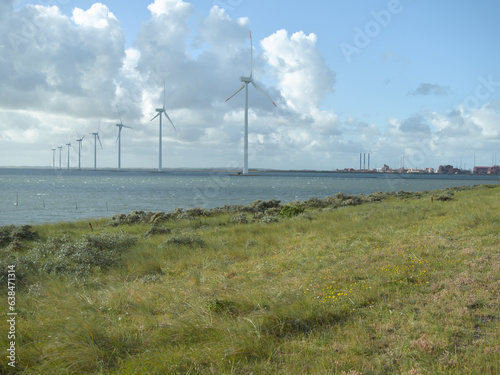 water landscape at ringkoebing fjort with water boat and wind turbines in denmark
