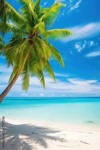 Coconut palms on a sunny sandy beach and turquoise ocean. Amazing nature landscape. Stunning beach scenery  peaceful and inspiring travel destination.