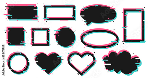 Glitch black frame. Glitched circle, square and triangle frames. Music distortion logo, tv distortion abstract geometry dynamic shapes. Digital noise defect vector isolated icons elements set
