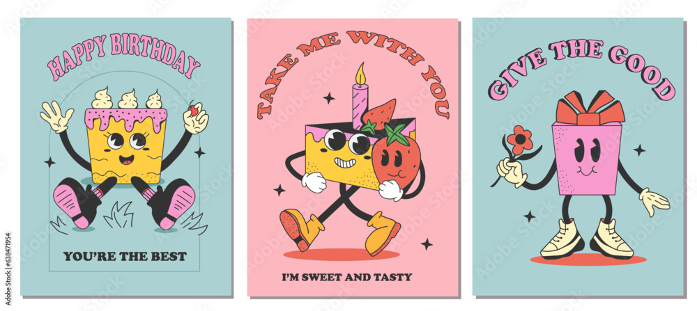 Set of bakery flyers with cartoon comic cake. Retro groovy poster of character sweet. Comic phrase