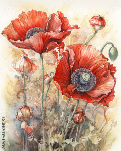 Poppy Flower. Red Poppy Flowers, Watercolor