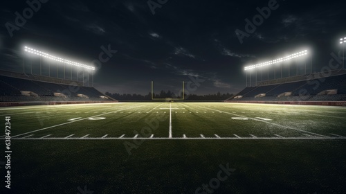3D render of a football stadium at night with lights and grass