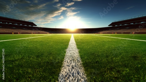 Empty football stadium with green grass field and bright sun in the sky