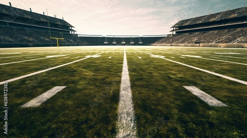 American football stadium with white marking lines. 3D Rendering.