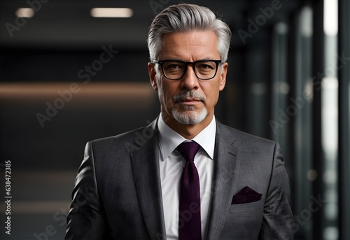 Portrait of a handsome caucasian business man with grey hair, glasses, suit and tie in the office, background, bussines banner with copy space text 