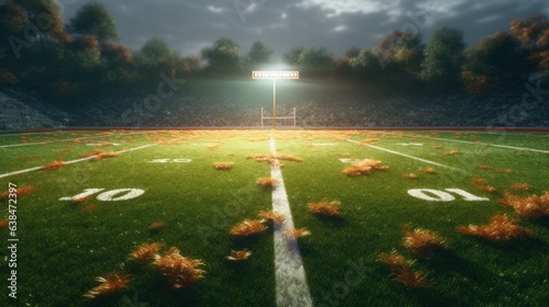 American football field with green grass and goal post. 3d rendering photo