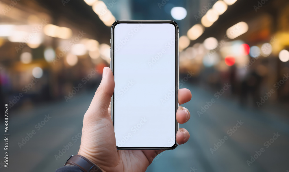 Connected Realities: Man's Hand Holds Vertical Smartphone Amidst Blurred Background - Step into the world of seamless connectivity as a man's hand gracefully cradles a vertical smartphone.