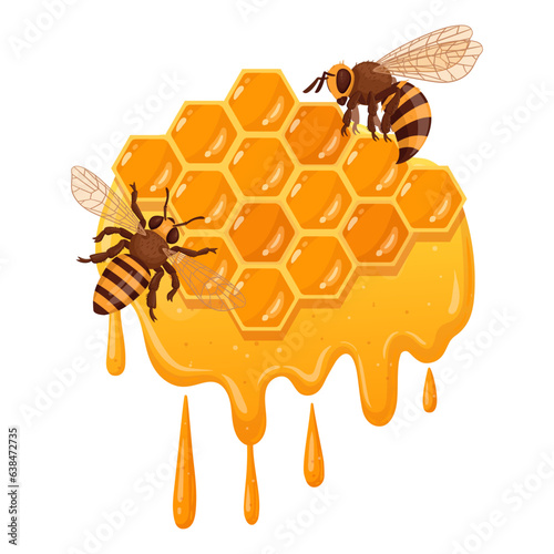 Honeycomb with bees. Cartoon sweet honeycomb with melting honey bees, honeycraft and beekeeping flat vector illustration. Honeycomb with honey