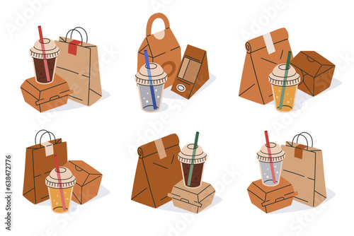 Takeaway food delivery containers. Paper bags, boxes and plastic cup, disposable food delivery packaging flat vector illustration. Fast food paper bags