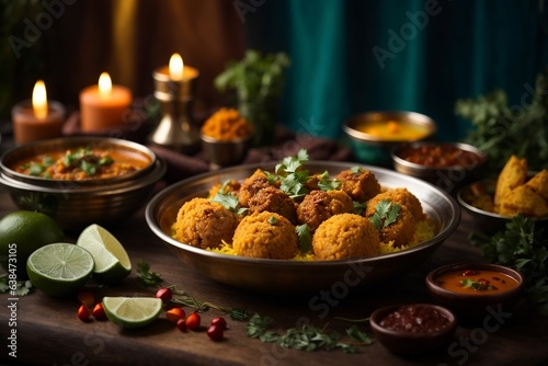 Beautiful promotional photo of Indian food. National Indian cuisine, beautiful plates, spices and candles.