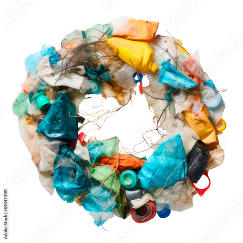 A circle frame made up of plastic debris. Save the planet.