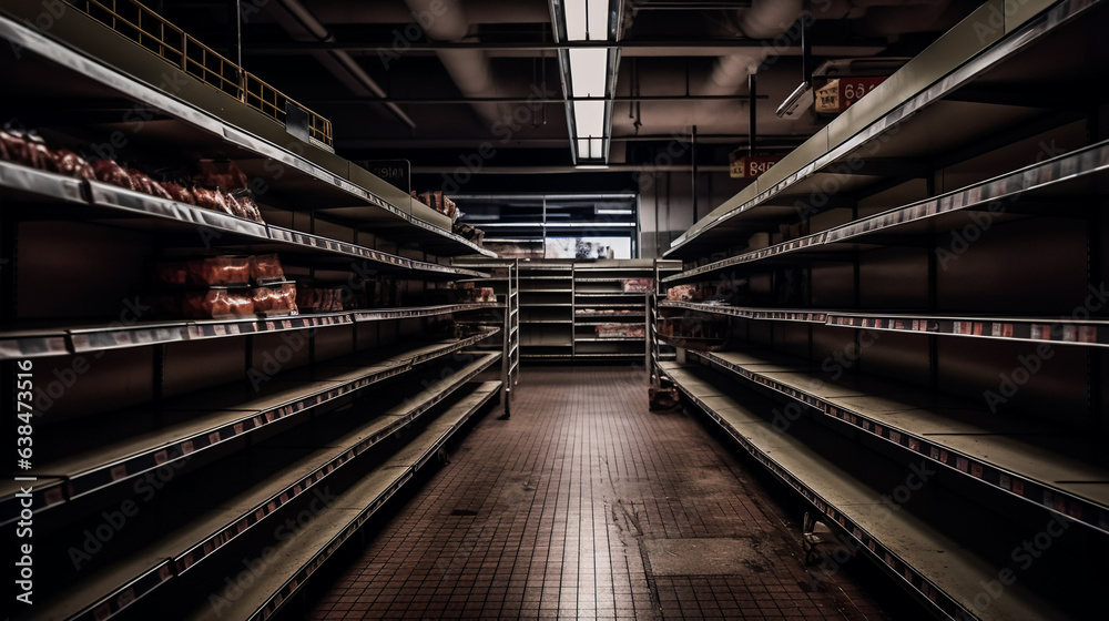 Fototapeta premium Lack of Goods. Barren Shelves. Empty Grocery Store. AI generated
