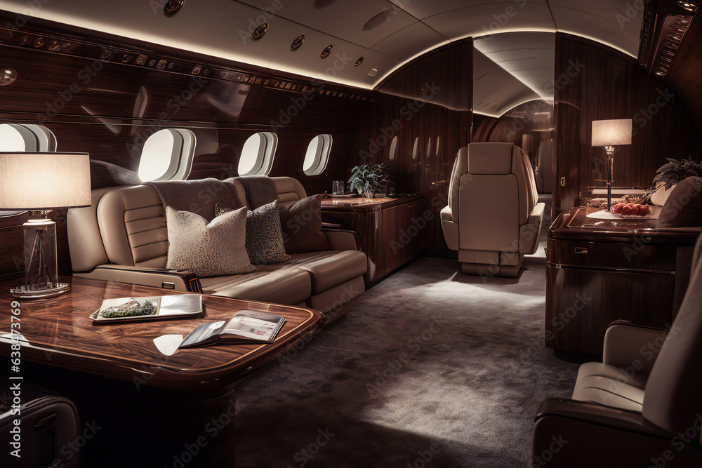 Fototapeta premium Luxurious Living in the Air. Indulgent Interiors of a Private Jet . Generative AI