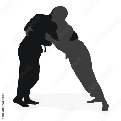 Image silhouette judoka. Judo, martial art, sportsmanship, wrestling, duel, grappling, combating, fighting, struggle