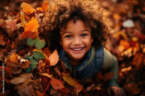 Child playing in a pile of crisp  colorful leaves - Joy of Autumn - AI Generated