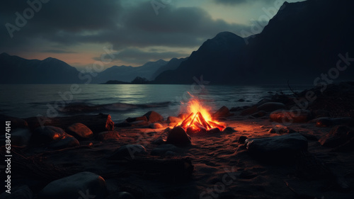 Fotografia Burning campfire on the lonely overcast beach