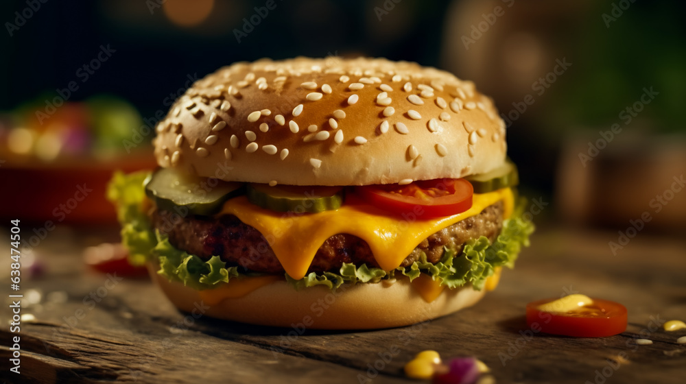 A burger decorated with vegetables and cheese. AI Generated A burger decorated with vegetables and cheese. AI Generated