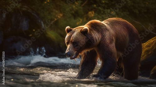 Brown bear catches salmon at waterfall. Ai Generated © EwaStudio