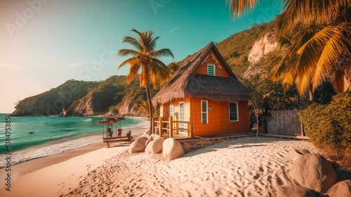 Bungalow in tropical beach.  Cozy wooden touristic cabin.  AI Generated