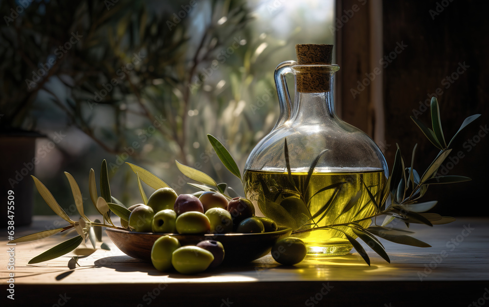 bottle of olive oil and olives - obrazy, fototapety, plakaty 