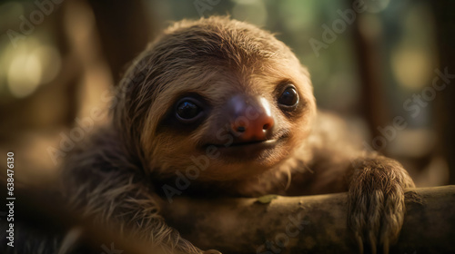 Curious Baby Sloth Peeking Out from Behind a Leaf. Generative AI © EwaStudio