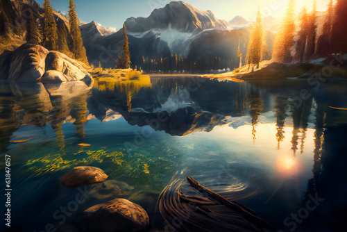 Crystal clear water capturing the beauty of a sun-kissed lake . Generative AI