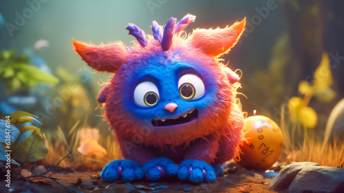 Cute and cuddly monster. Furry friend with big, friendly eyes and a cheerful grin. Generative AI