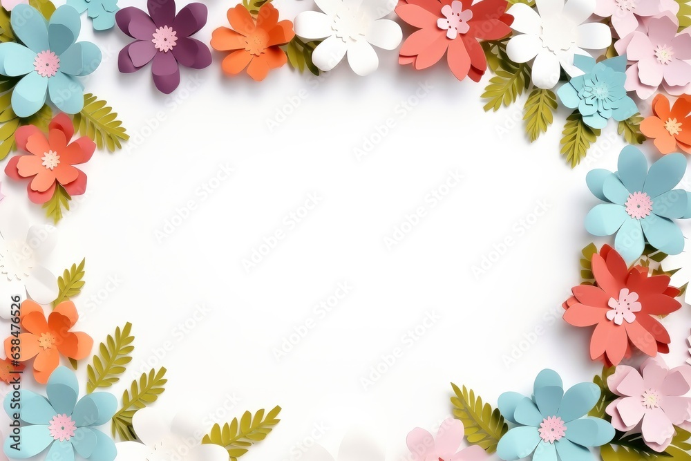 Floral border frame card template. multicolor flowers, leaves, for banner, wedding card. Springtime composition with copy-space