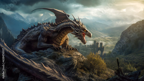 Dragon on the peak of a mountain. Generative AI © EwaStudio