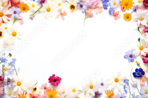 Floral border frame card template. multicolor flowers, leaves, for banner, wedding card. Springtime composition with copy-space © AITTHIPHONG