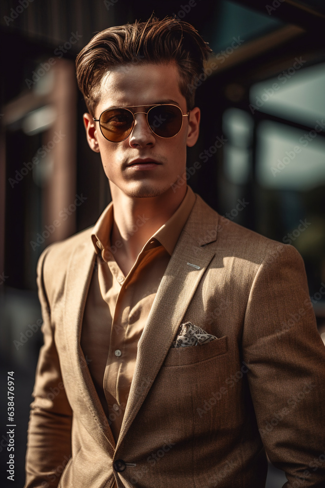 Fashionable male model in a trendy suit and sunglasses. AI Generated.. Fashionable male model in a trendy suit and sunglasses. AI Generated..