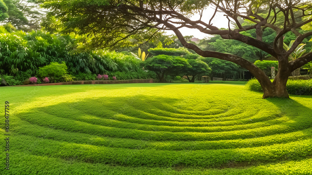 Green carpet grass smooth lawn in garden with row of bush and trees on the background. AI Generated Green carpet grass smooth lawn in garden with row of bush and trees on the background. AI Generated