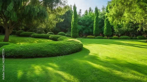 Green carpet grass smooth lawn in garden with row of bush and trees on the background. AI Generated © EwaStudio