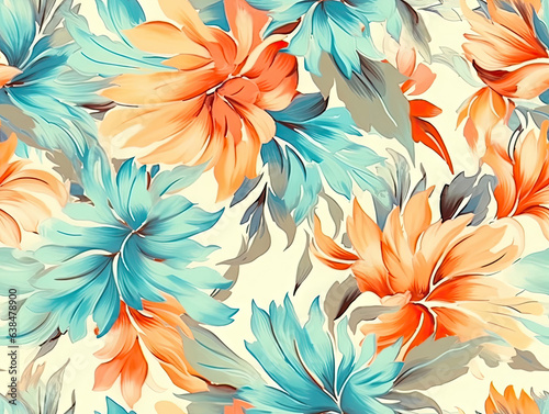 Flower pattern with orange and blue flowers on background. Flora summer wallpaper. For banner, postcard, book illustration. Created with generative AI tools