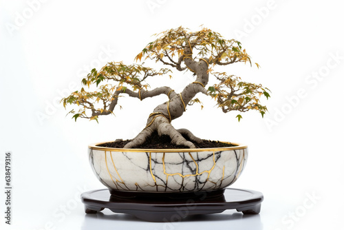 Bonsai tree in a kintsugi bonsai pot on a white background, Formal upright small leaf style with golden wired and pruned well