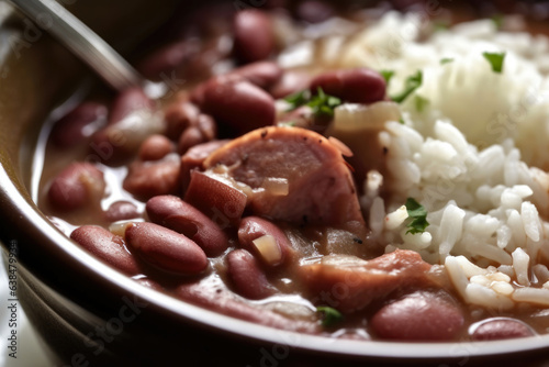 A steaming hot dish of red beans and rice, featuring smoked ham hock and a sprinkle of Cajun seasoning, captured in a close-up photo