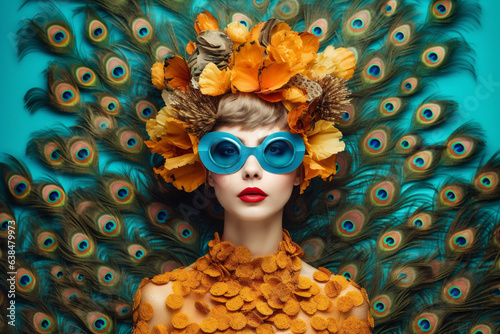 woman rose jungle fashion face beautiful glamour peacock bird young beauty. Generative AI.