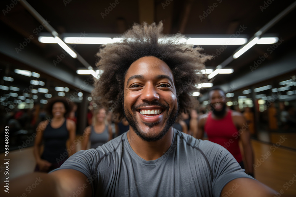 Fitness, exercise fitness gym selfie portrait of male man happy about workout, training motivation, body wellness. Young sports gym athlete smile for blog inspiration and progress post. Generative AI - obrazy, fototapety, plakaty 