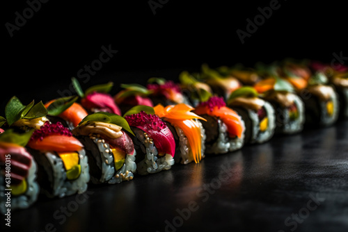 Sushi rolls on a black slate board. AI Generated