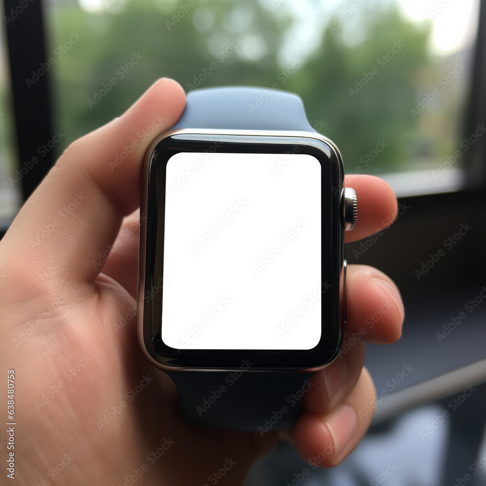 Smart watch blank screen mock up wear on the hand isolated. Steel
