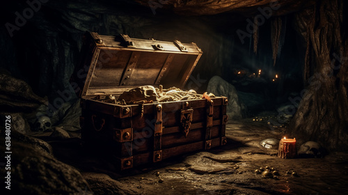 Treausre chest in underground cave. AI Geneated