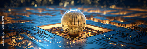 A computer circuit board with a glowing globe on it. Artificial intelligence concept. photo