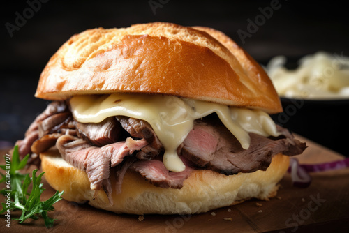 A delicious, juicy roast beef sandwich with melted cheese, caramelized onions, and a soft brioche bun, perfect for a savory lunchtime delight