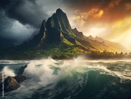 a dramatic shot of Hawaiian mountains and coast