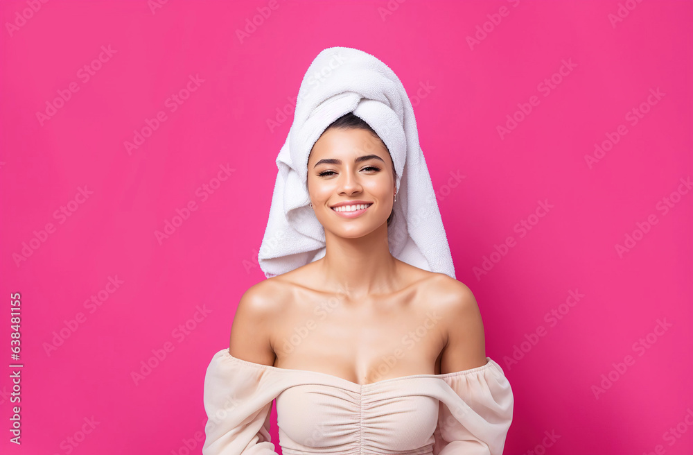 Beautiful cheerful attractive girl with a towel on her head, holds a sponge in the form of a pink heart. Generative AI. Beautiful cheerful attractive girl with a towel on her head, holds a sponge in the form of a pink heart. Generative AI.